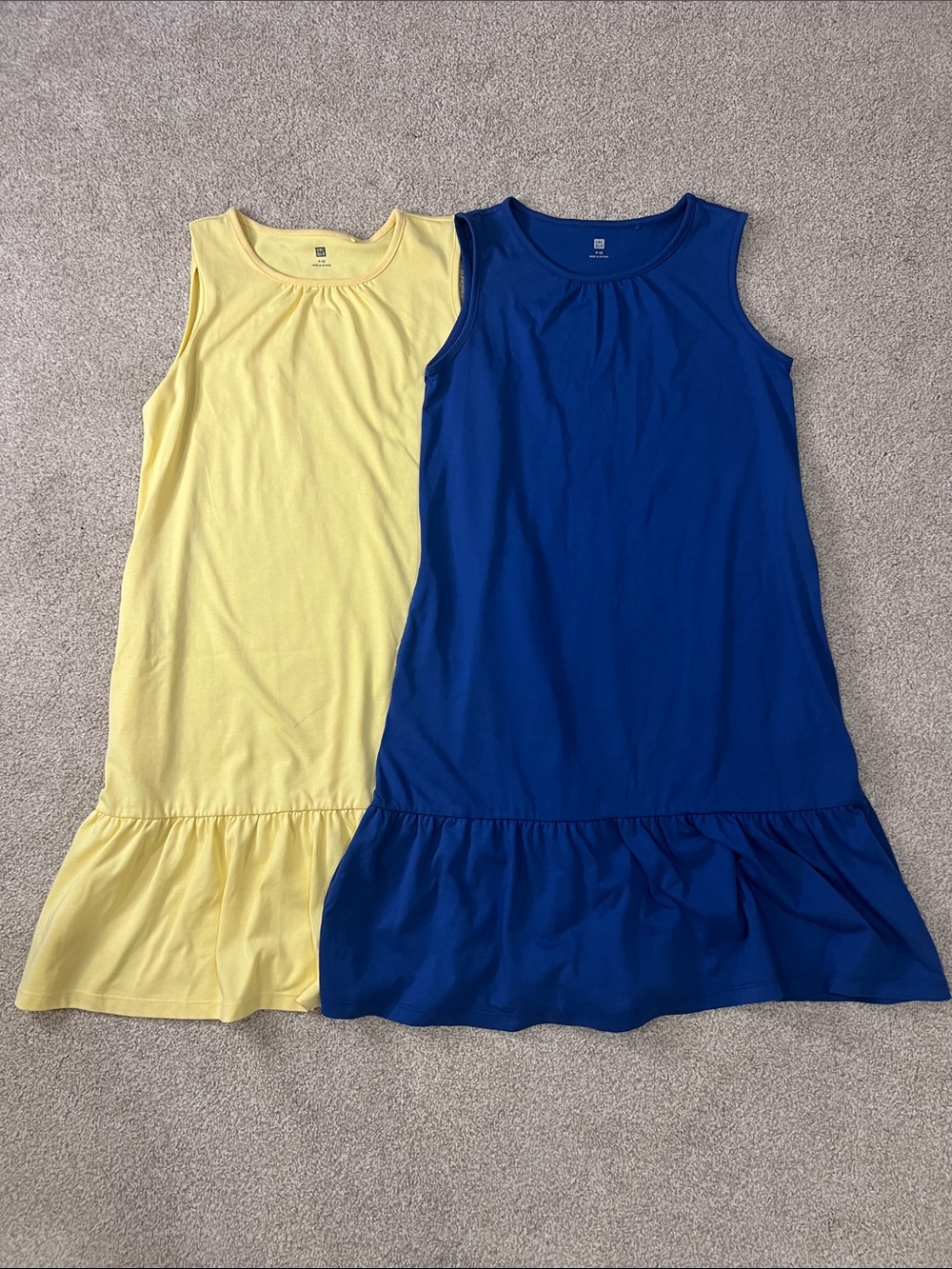 Uniqlo Girls' Sleeveless Ruffle-Hem Dresses in Yellow and Royal Blue